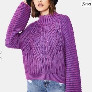 Free People Sweetheart Sweater - Mock Neck Cable Knit - Glowing Orchid
